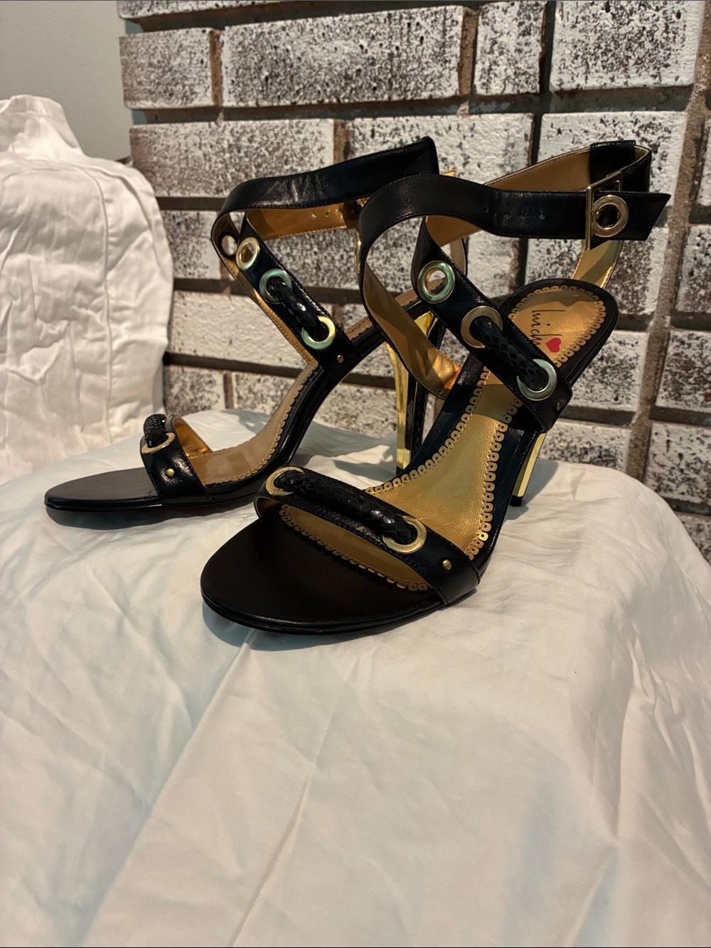 Luichiny Black High Heel Sandals with Gold Accents